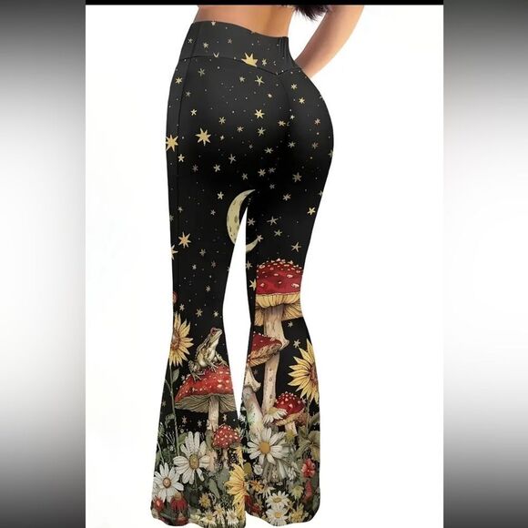 Celestial Black Flare Pants with Mushroom and Floral Art - Picture 4 of 10